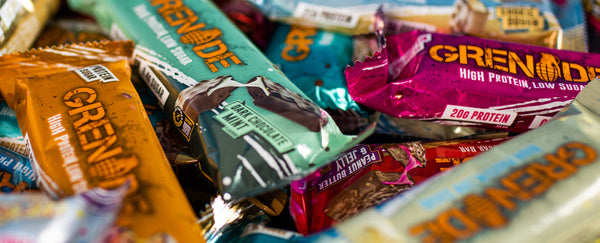 Close up of various Healthy Grenade Protein Bars 