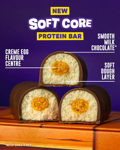 Protein bar with crème egg flavor on a wooden surface against a purple background