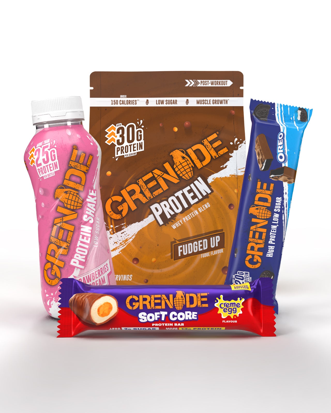 Grenade protein products including a Shakes bottle, OREO bar, and snack on a white background
