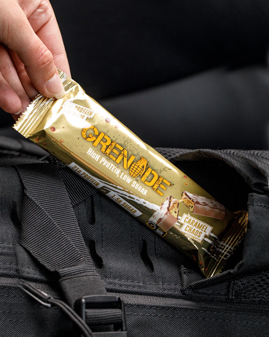 Caramel Chaos Protein Bar on the go 