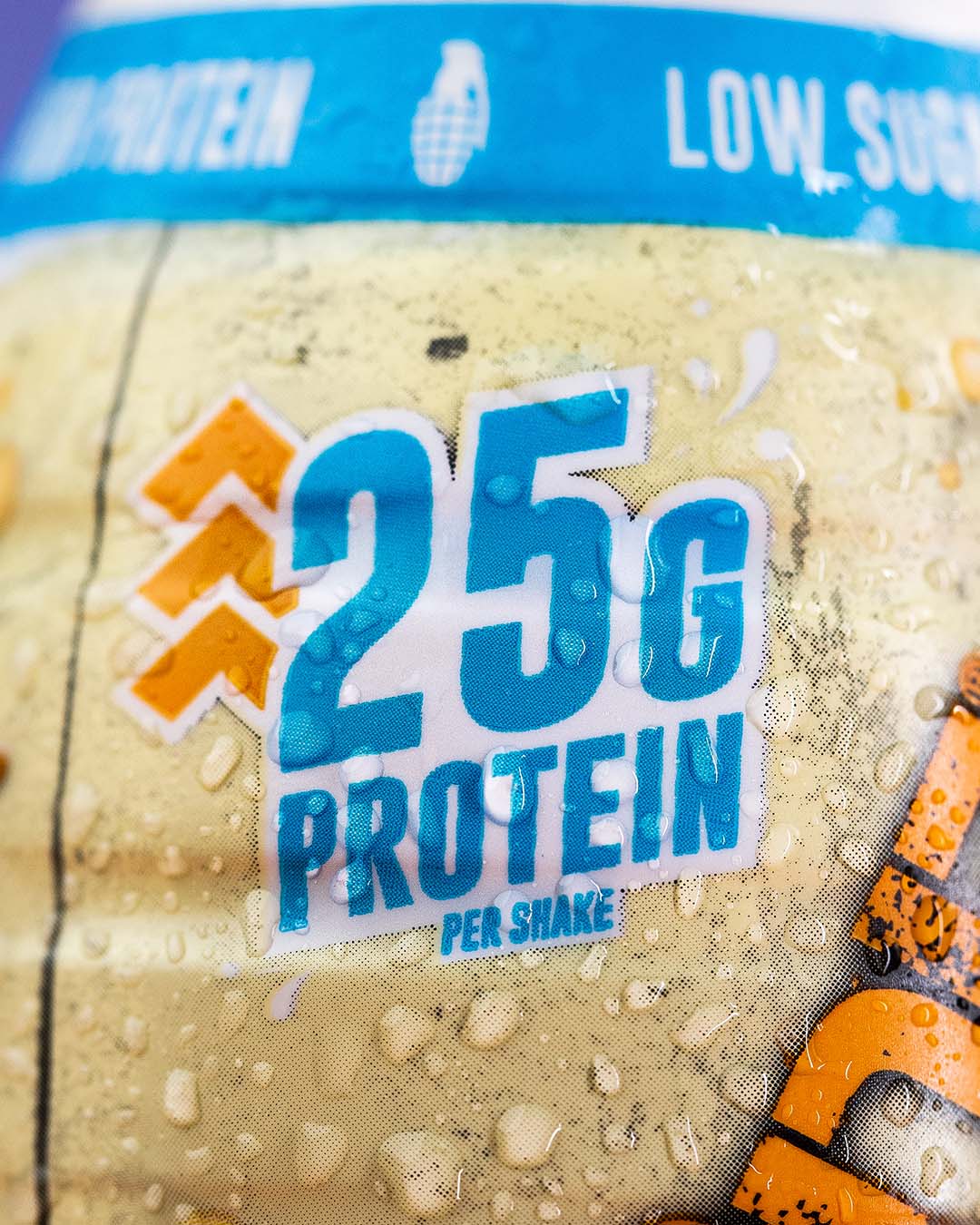 Label text "25g protein per shake" for White Chocolate Protein Shake